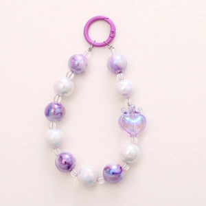 Purple and white iridescent beaded phone strap with crown heart charm and metal ring hook