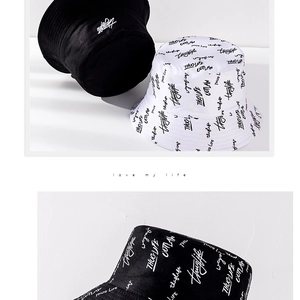 Detailed view of the cotton bucket hat featuring graffiti letters and hip-hop styling