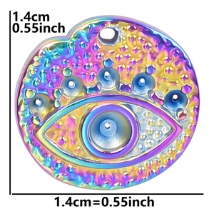 Detail shot of rainbow stainless steel evil eye pendant with 1.4cm size markings
