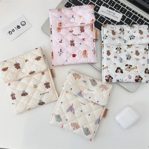Quilted cartoon bear sanitary storage bags with resin snap button and soft fabric texture