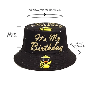 Black bucket hat with birthday duck print showing size measurements of 56-58cm circumference