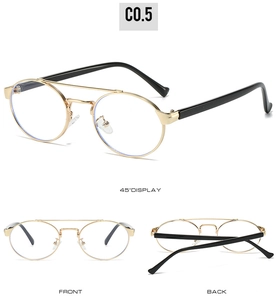 Three perspectives of retro double-bridge oval sunglasses with gold metal frame