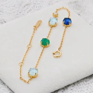 French vintage S925 silver 14k gold plated bracelet with green chalcedony and white shell