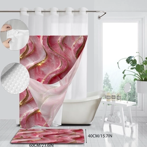Close-up of pink marble shower curtain and non-slip bath mat with gold glitter texture
