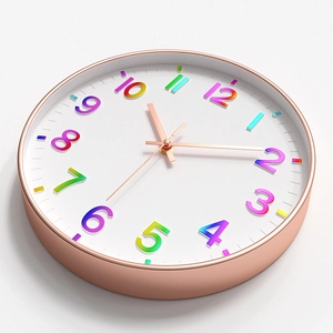 30CM modern silent wall clock with rose gold frame and 3D rainbow gradient numbers