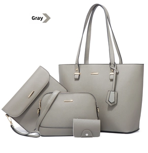 Gray 4-piece handbag set featuring a large tote bag, shoulder bag, clutch, and card holder