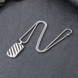 Men's geometric rectangle bar pendant necklace with diagonal grooves in silver finish