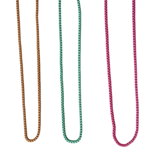 Three colorful layered box chain necklaces in brown, mint green and purple colors