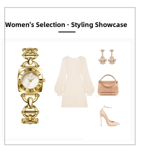 Styling suggestion featuring a gold square watch with decorative metal chain bracelet