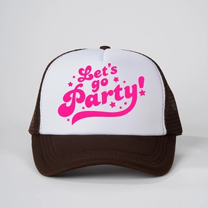 Brown and white trucker hat with Let's go Party text and breathable mesh back