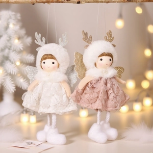 Plush Christmas angel doll set with glitter antlers and lace wings on wooden branch