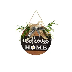 Plaque de bienvenue ronde en bois pour la maison avec nœud en toile et plantes vertes
