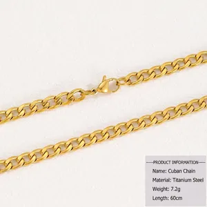 Close-up of 18k gold plated Cuban link necklace in titanium steel with lobster clasp