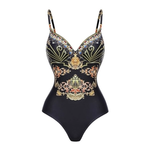 One-piece swimsuit with black and gold baroque prints and adjustable thin shoulder straps