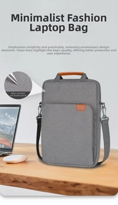 Detail of light gray tablet bag showing scratch-resistant fabric and brown leather accents