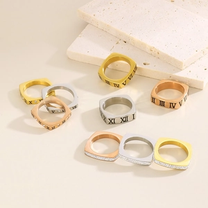 Bague carrée en acier inoxydable avec chiffres romains et cristaux en trois couleurs