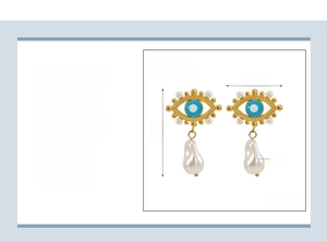 Detailed view of evil eye pearl earrings with dimensions and material specifications