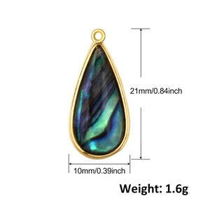 Detailed view of abalone shell teardrop pendant with dimensions 21x10mm and 1.6g weight