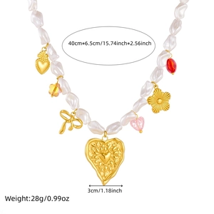 Gold necklace with pearls, heart, and flower pendants with size and weight details