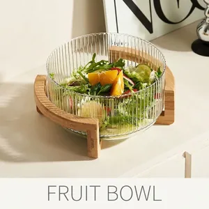 Ribbed Glass Salad Bowl With Wooden Stand Large Nordic Fruit Tray Serving Dish For Tabletop Kitchen Dining
