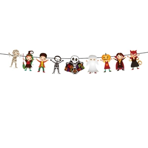 Cartoon Halloween banner featuring mummy, witch, and pumpkin characters on a black string