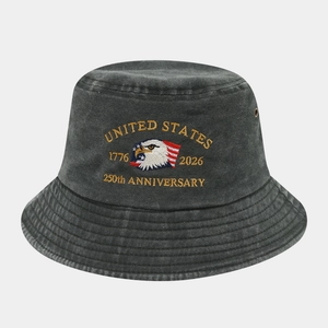 Detailed embroidery on a grey washed cotton bucket hat for the 250th anniversary