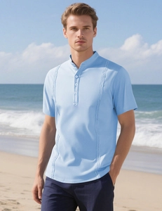 Detail of light blue men's polo shirt featuring vertical hollow stripes and stand collar