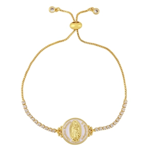 Adjustable gold Virgin Mary bracelet with shell pendant and colorful cubic zirconia stones