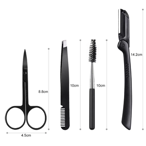 Black 4-piece eyebrow grooming set with scissors, tweezers, brush and razor dimensions