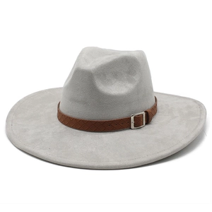 Detail of light gray wide brim felt hat featuring a brown braided band and metal buckle