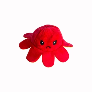 Reversible red octopus plush toy with angry expression made of soft short plush material