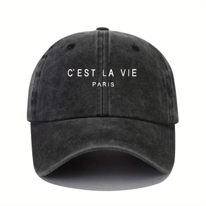 Detailed view of dark grey washed cotton baseball cap with C'EST LA VIE PARIS print