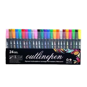 Set of 24 colors double line outline markers with metallic finish in black gift box