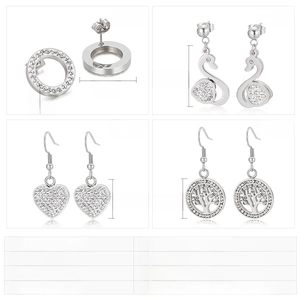 Detail showing stainless steel rhinestone earrings in heart, swan, and tree of life styles