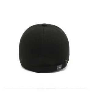 Rear view of black wool baseball cap with adjustable strap and metal buckle detail
