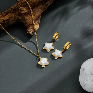 Star Pendant Necklace And Hoop Earrings Stainless Steel Gold Plated Mother Of Artificial Pearl Clavicle Chain Jewelry