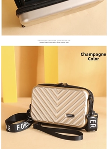 Detail of champagne mini hard shell suitcase bag with V-shaped texture and brand strap