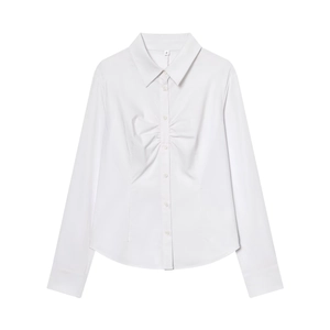 Women's slim fit white lapel shirt with elegant front pleated details and button closure