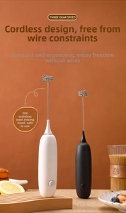 Detail of 3-gear hand-held milk frother with 304 stainless steel whisk in orange setting