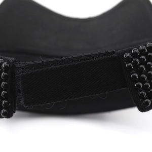 Close-up of black sun hat with beaded edge trim and adjustable velcro strap closure