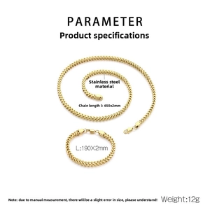 Detailed view of 2mm gold stainless steel wheat chain necklace and bracelet set