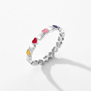 S925 sterling silver heart-shaped ring with colorful enamel inlay in minimalist style