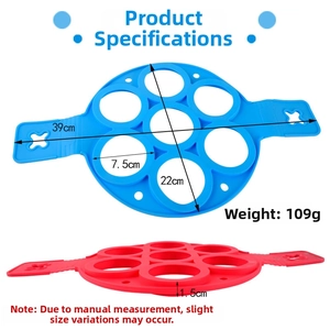 Detail of 7-hole silicone pancake mold showing dual-handle design and precise measurements
