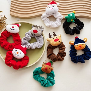 Christmas Plush Hair Scrunchies Velvet Elastic Hair Ties With Santa Reindeer Snowman For Winter Holiday Party Accessories