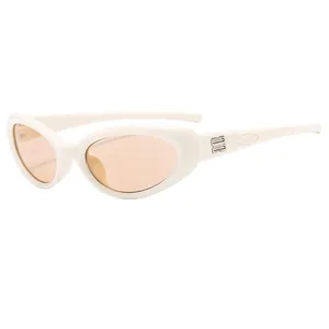 Y2K cycling sunglasses with cream oval frame and peach lenses featuring BB metal logo