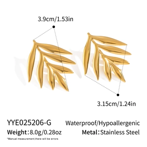 Detail view of gold leaf earrings in stainless steel with exact measurements and weight