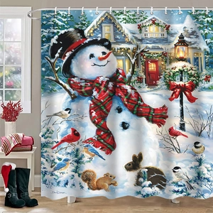 Detailed view of Christmas shower curtain with snowmen, birds, and forest house design