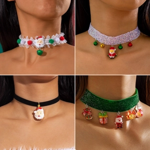 Christmas Choker Necklace Santa Claus Pendants Bells Lace Velvet Beads Pompom Festival Party Jewelry Women