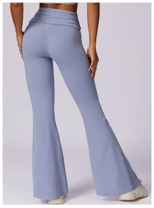 Detail shot of high-waisted flared yoga pants showing butt-lifting fit and lavender fabric
