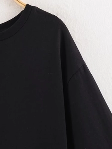 Close-up of the round neckline and shoulder seams on a black cotton lace T-shirt